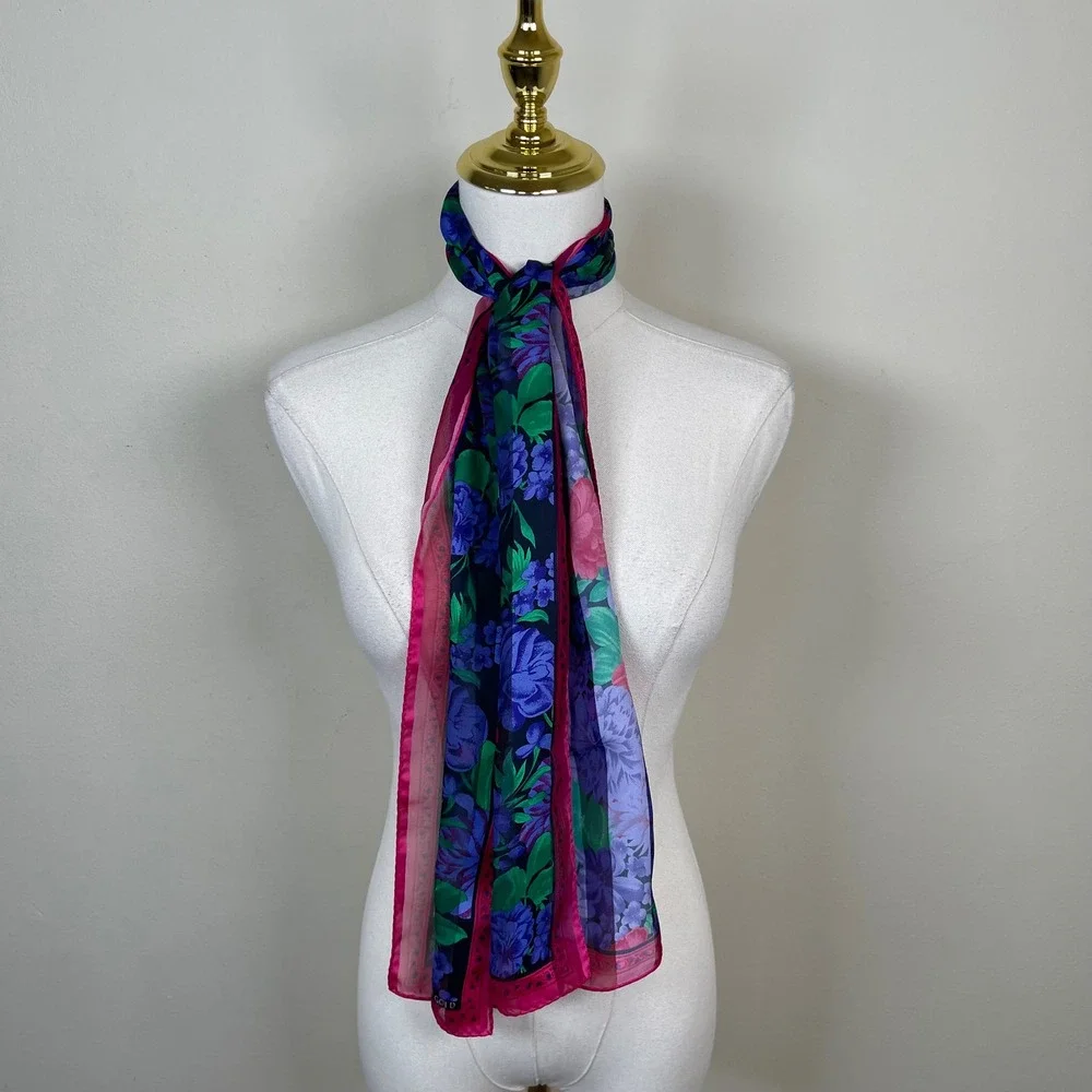 Vintage Elaine Gold Silk Scarf Floral Womens Blue Pink Green Sheer Striped Retro